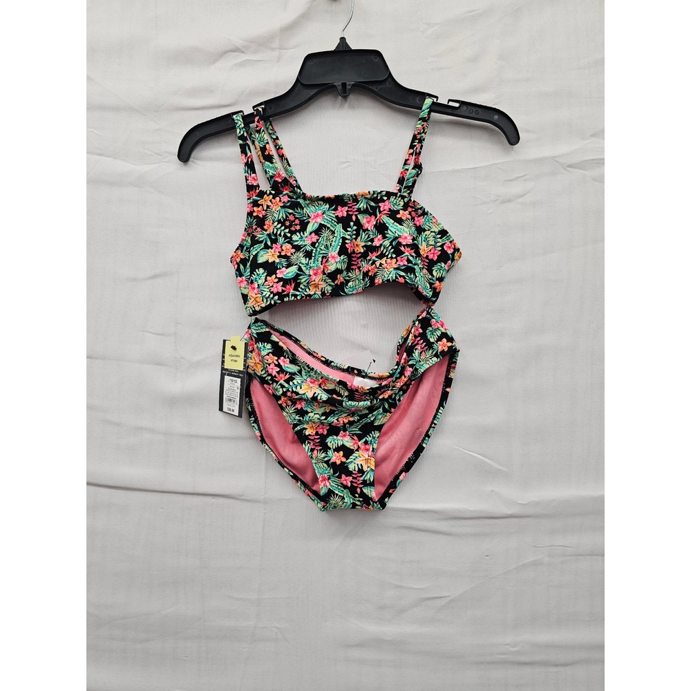 Art Class Girls Tropical Floral Bikini Set‎ Black Pink Size L 10/12 NWT 3 Piece